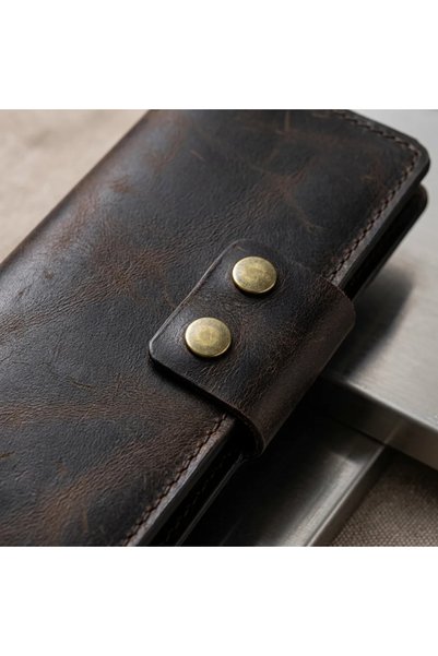 Generic Brand 100% Genuine Leather Snap Fastener Handheld Portfolio Wallet with Phone Compartment - 9X19 cm Tan & Bitter Brown