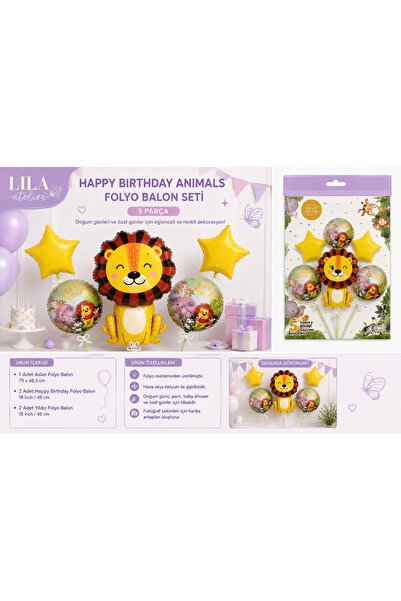 Genel Markalar Lila Atelier Hayvanlar Alemi Aslanlı Happy Birthday Folyo Balo...