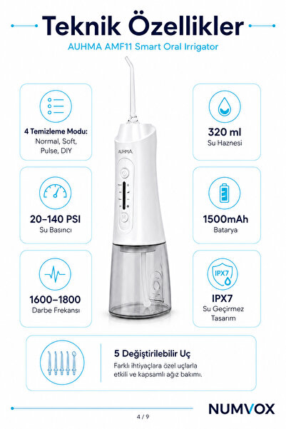 AMF11 Şarjlı Ağız Duşu 320ML Su Hazneli 4 Modlu Ipx7 Su Geçirmez Type-C Hızlı Şarjlı 5 Başlıklı