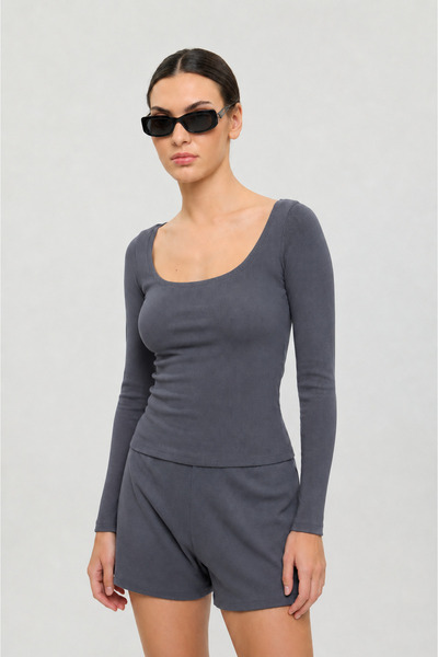 SHEISMONO Soft Rib Oval Neck Blouse Smoked