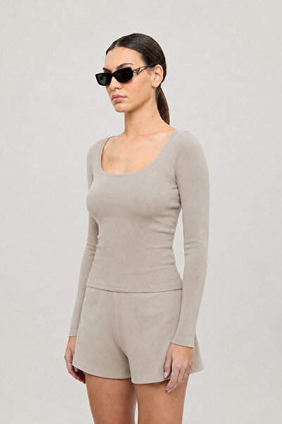 SHEISMONO Soft Rib Oval Yaka Bluz Bej
