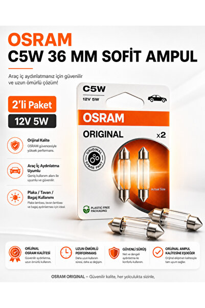 Osram C5W 36mm Sofit Ampul 12V 5W 2'li Paket Tavan Plaka Bagaj Aydınlatma