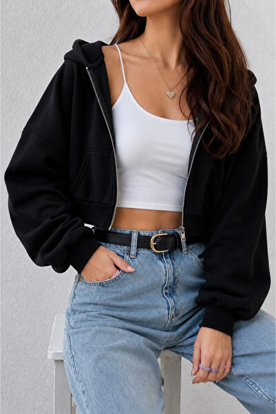 SANTAMİLA Black Crop Zippered Short Cardigan
