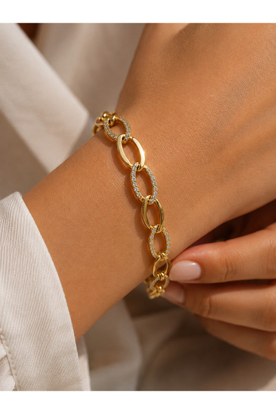 XUPİNGS JEWELRY Xuping Taşlı Oval Halka Zincir Bileklik – Altın Renk