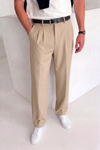 ElitWear Erkek Baggy Fit Beli Lastikli Pileli Bol Kesim Kumaş Pantolon