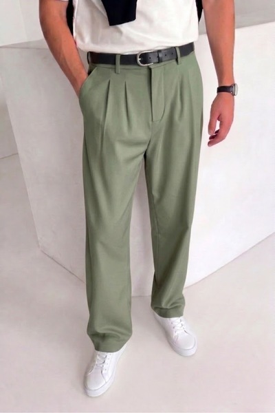 ElitWear Erkek Baggy Fit Beli Lastikli Pileli Bol Kesim Kumaş Pantolon
