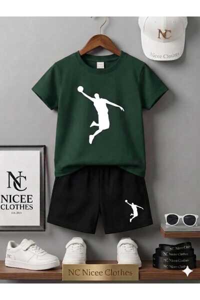Leto Lykia Summer Children's T-Shirt Shorts Unisex (White with Basketball Print)