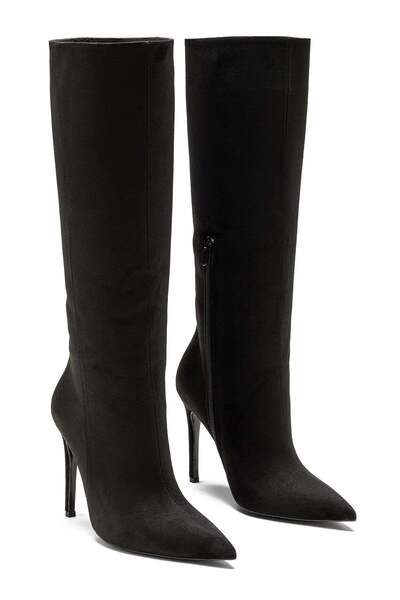 Dedos Women's High Heeled Below the Knee Zippered Black Suede Detailed Pointe...