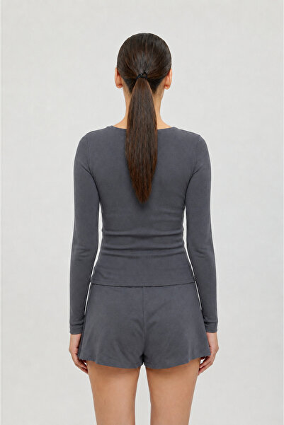 SHEISMONO Soft Rib V Yaka Bluz Füme