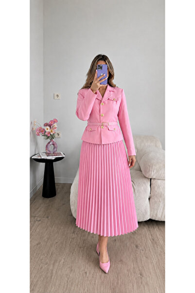 Ekim Store Pleated Belted Jacket Skirt Double Blazer Set