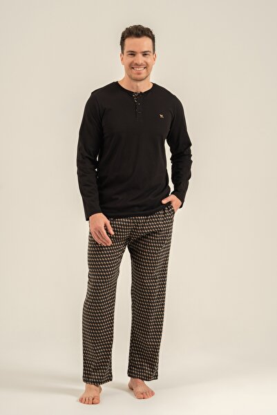 Arnetta Men'S, Black, 100% Cotton, Button Detailed, Long Sleeve Pajama Set (S...