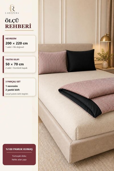 Larispera Double Sided Cotton Duvet Cover Set Striped-Solid Black 200X220Cm +2 Pillowcases 3 Pieces Without Sheets