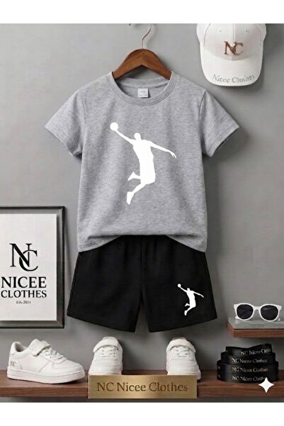 Leto Lykia Summer Children's T-Shirt Shorts Unisex (White with Basketball Print)