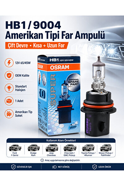 Osram HB1 9004 Amerikan Tipi Far Ampulü 12V 65/45W Çift Devre Kısa Uzun Far A...
