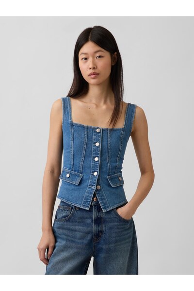 GAP Kadın Açık Mavi Denim Cepli Korse Bluz