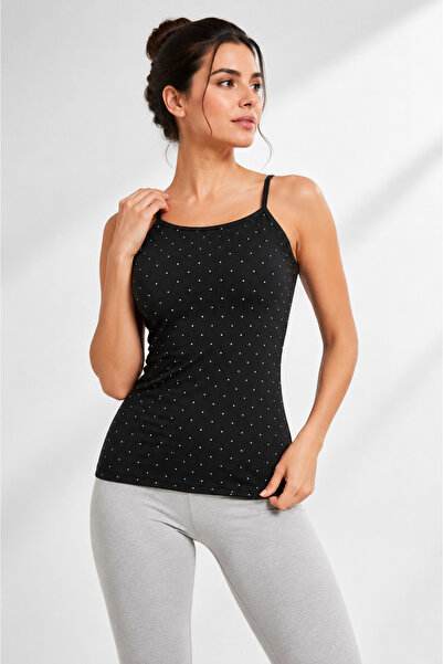 MissKATRE Women's Black Thin Strap Stoned Athlete Flexible Daily Underwear Top