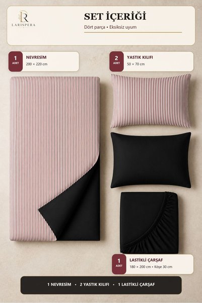Larispera Double Sided Cotton Duvet Cover Set Striped-Plain Black 4 Piece Set with Fitted Sheet