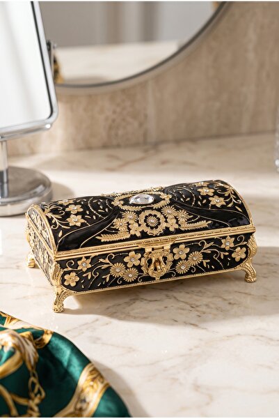 RASHA COLLECTION Black Embossed Floral Pattern Metal Jewelry Box