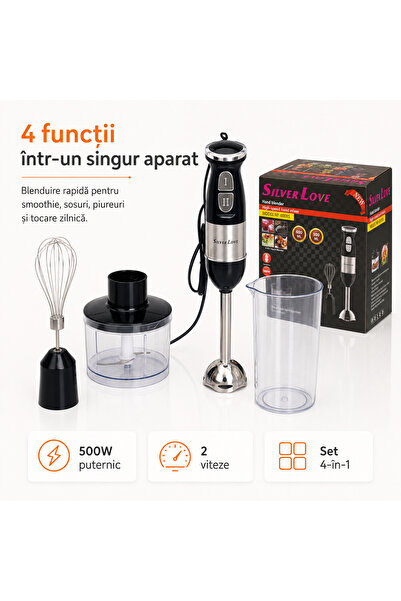 Silver Love Blender vertical 4 în 1, 500W, 2 viteze, lame din oțel inoxidabil...