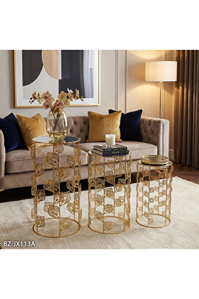 Hinora 3’lü Zigon Sehpa Seti Gold Metal Yaprak Desenli Yuvarlak Dekoratif Yan...