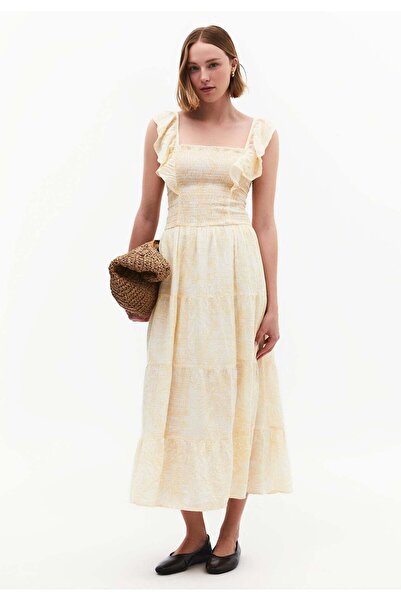 OXXO Long Dress With Butterfly Sleeves And Square Neckline - LEAVES COMB