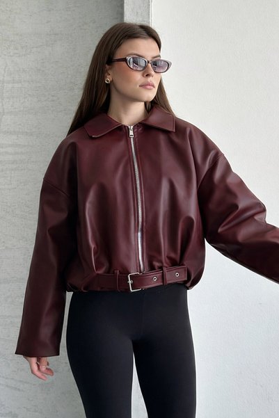gm giyimarket O Oversized Women's Leather Jacket with Plush Detailing and Fur Inside, Belt Buckle at the Waist