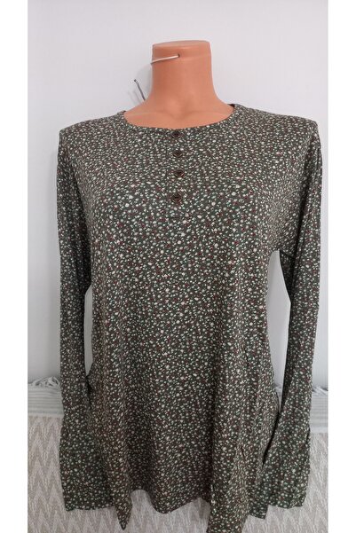 Anne Er Clothing Combed Cotton Blouse Long-Sleeve Crew Neck Green Floral