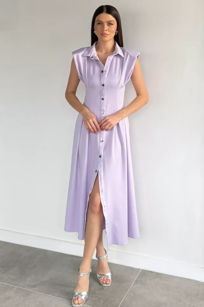 TOZLU Pleated Front Snap Button Zero Sleeve Women's Dress