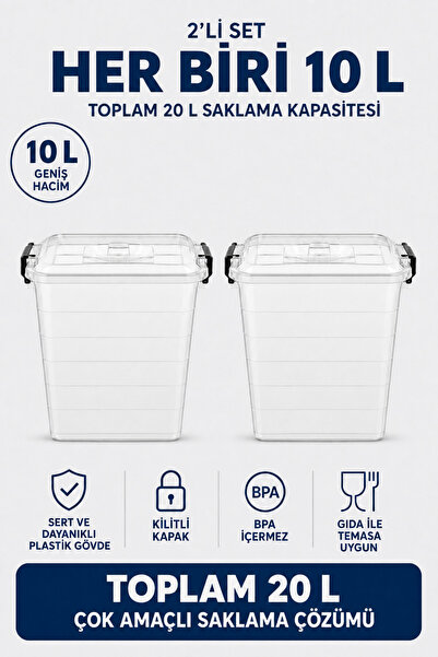 Nuaen 2’li 10 Litre Şeffaf Kilitli Kapaklı Erzak ve Gıda Saklama Kabı