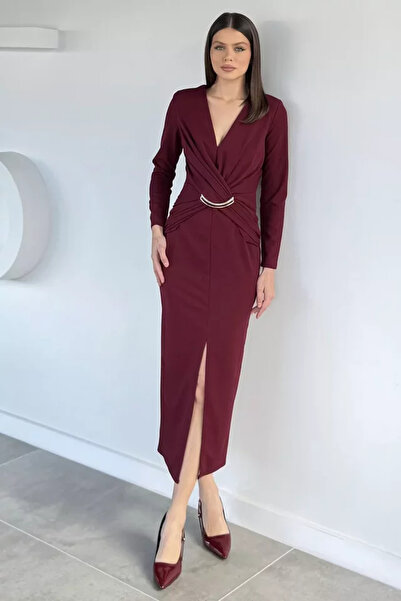 TOZLU Women's V-Neck Front Buckle Detailed Slit Dress