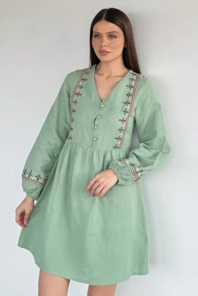 TOZLU Front Button Embroidered Dress