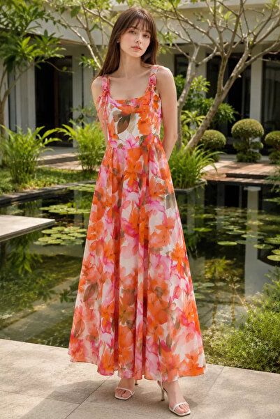 TOZLU Gülseli Shoulder Tie Patterned Dress