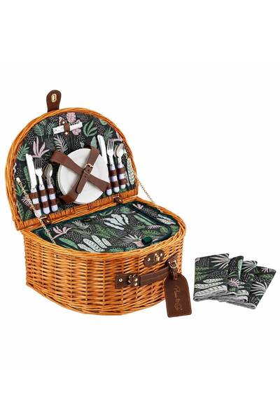 Picnic&co Yarım Ay Piknik Sepeti 4 Kişilik Hasır Piknik Seti Yaprak Desenli Y...