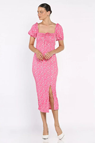 TOZLU Slit Balloon Sleeve Women's Patterned Dress