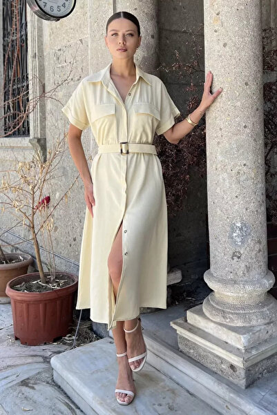 TOZLU Short Sleeve Dress with Front Buttoned Belt