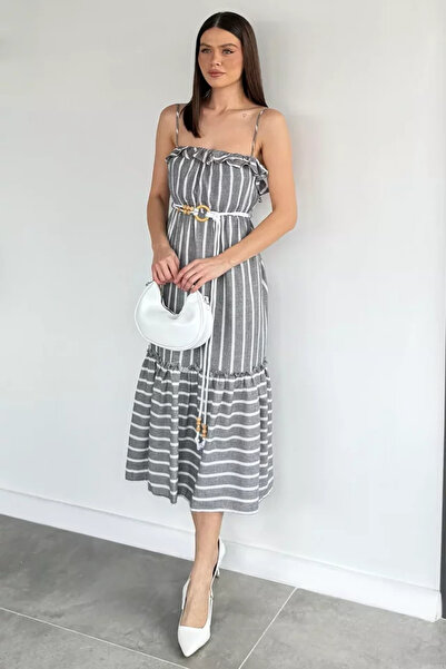 TOZLU Women's Adjustable Strap Ruffle Straw Belt Striped Dress
