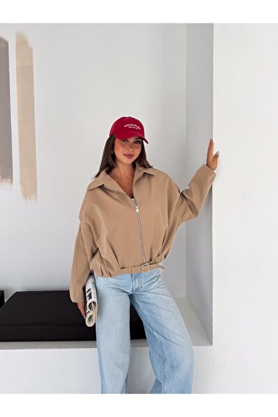 in MOOD Kadın Beli Kemerli Düşük Omuz Fermuarlı Crop Bomber Ceket