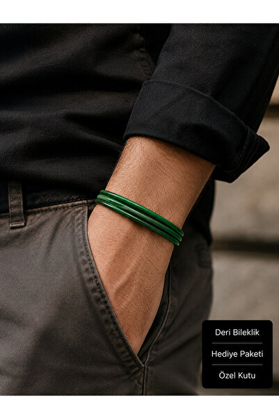 HER ŞEY NOTA www.herseynota.com Lorian Greenline Men's Multi-Row Green Leathe...