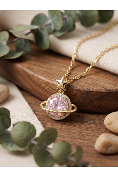 Diar Aksesuar Gold Gezegen Pembe Taşlı Çelik Kolye