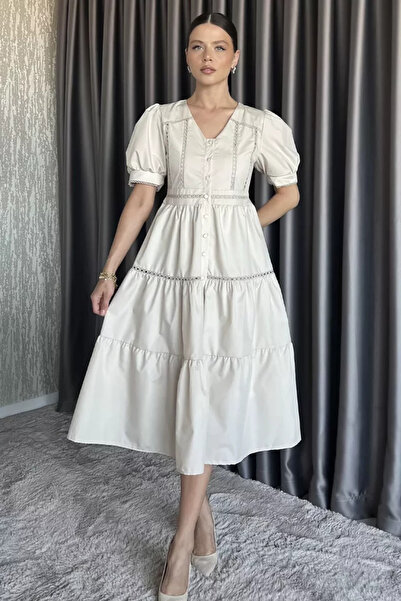 TOZLU Women's Buttoned V-Neck Ruffled Balloon Sleeve Dress