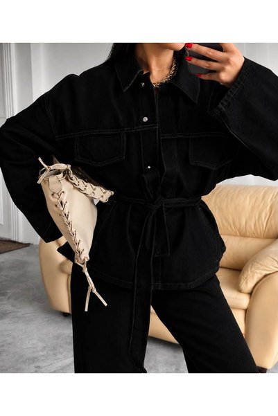 ÖNER Siyah Bağlamalı Denim Takım Oversize Ceket ve Pantolon