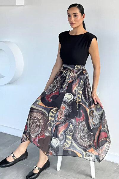 TOZLU Women's Skirt Chiffon Dress with Gold Belt Accessory