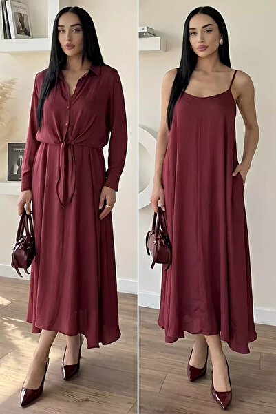 TOZLU Gülseli Women's Shirt and Dress Combination Summer Satin Dress