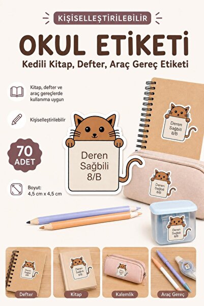 CRN Kedili Okul Etiketi, Kedili Defter Kitap Etiketi, Kedi Etiket