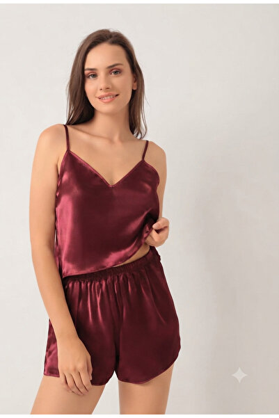 Bordo Saten Alt Üst Pijama Takımı