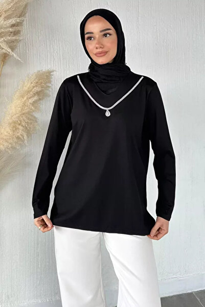 TOZLU V-Neck Stoned Hijab Mother's Combed Cotton Blouse