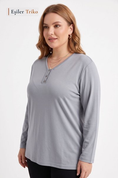 Eşiler Triko Women's Plus Size V-Neck 3 Button Classic Mom Combed Cotton Blouse