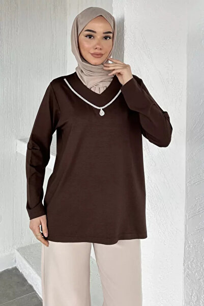 TOZLU V-Neck Stoned Hijab Mother's Combed Cotton Blouse
