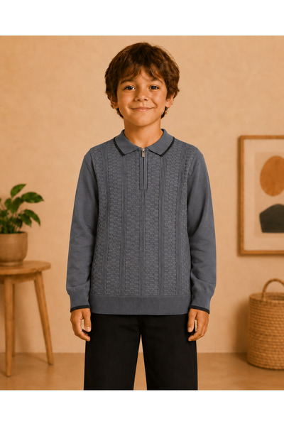 DECODASS 7-15 Years Old Boys' Polo Collar Half Zipper Self-Patterned Long Sle...