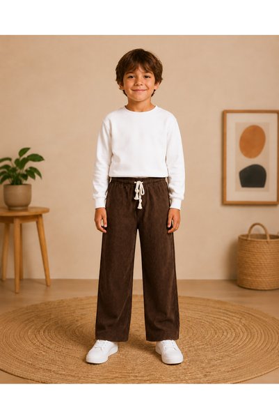 DECODASS 7-15 Years Old Girls' Corduroy Elastic Waist Lace-Up Wide-Leg Pants